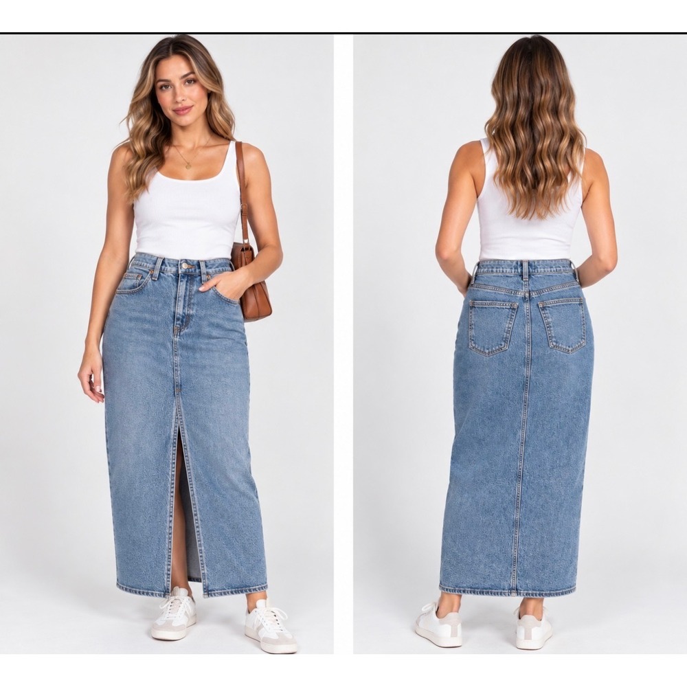 Universal Thread Womens Denim Maxi Skirt Medium Wash Front Slit Size 0 High Rise